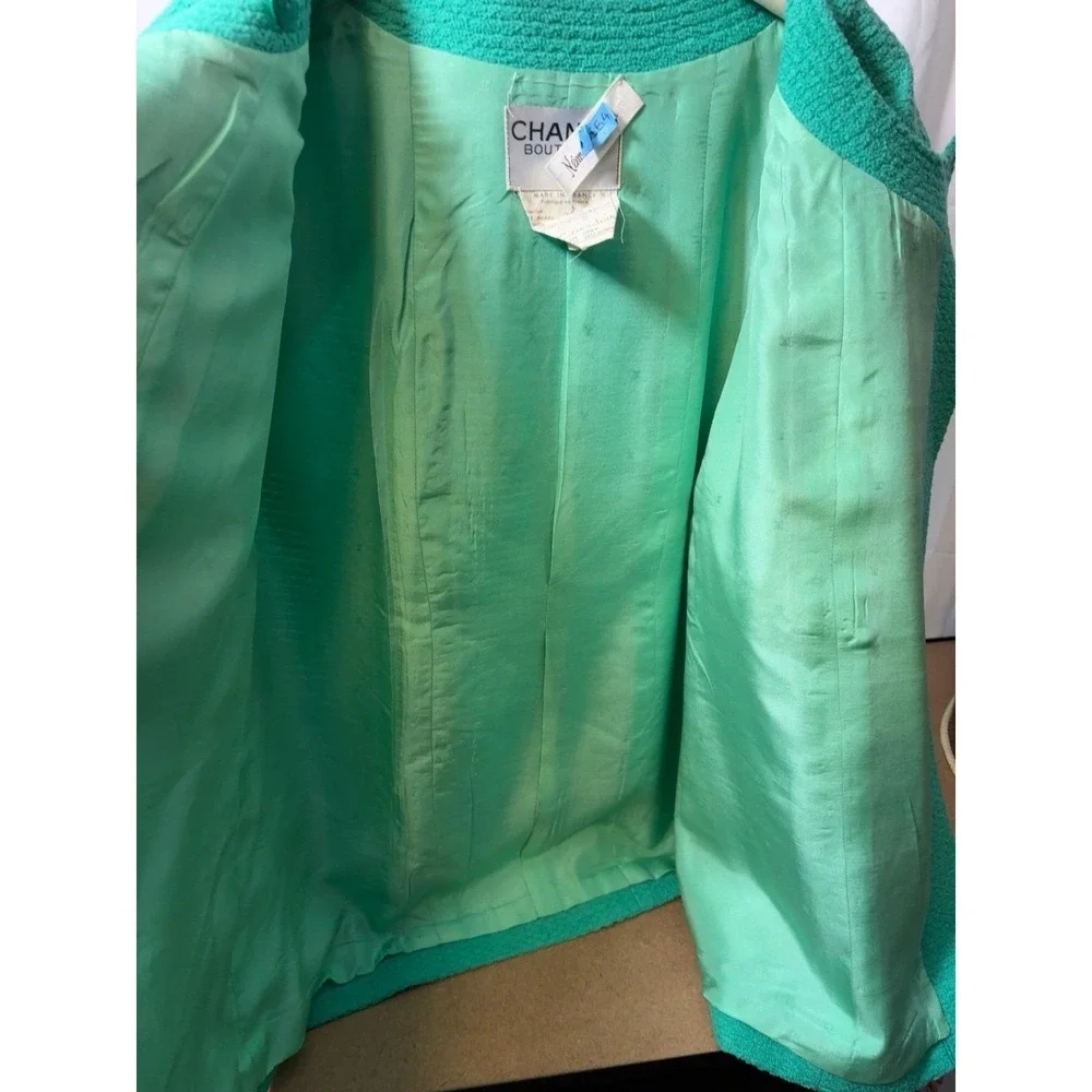 Vintage Chanel Boutique Turquoise Bouclé Wool Jacket 46 FR Made France Silk Line